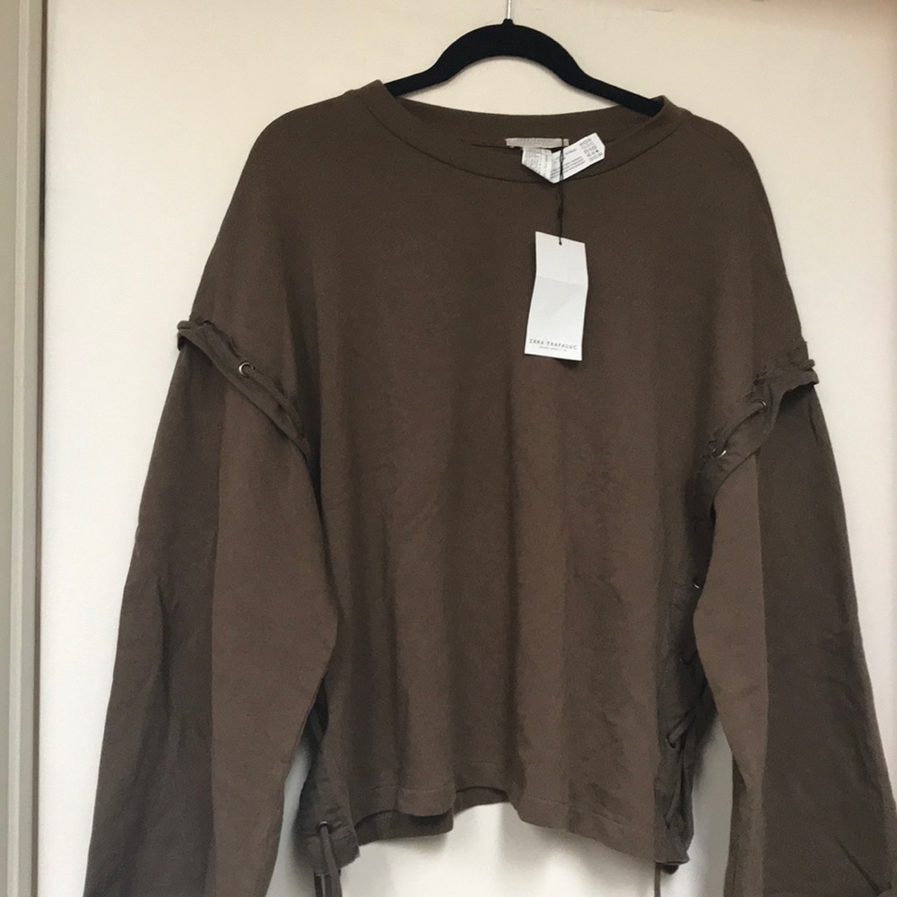 Zara Army Green LaceUp Sleeve Top Large